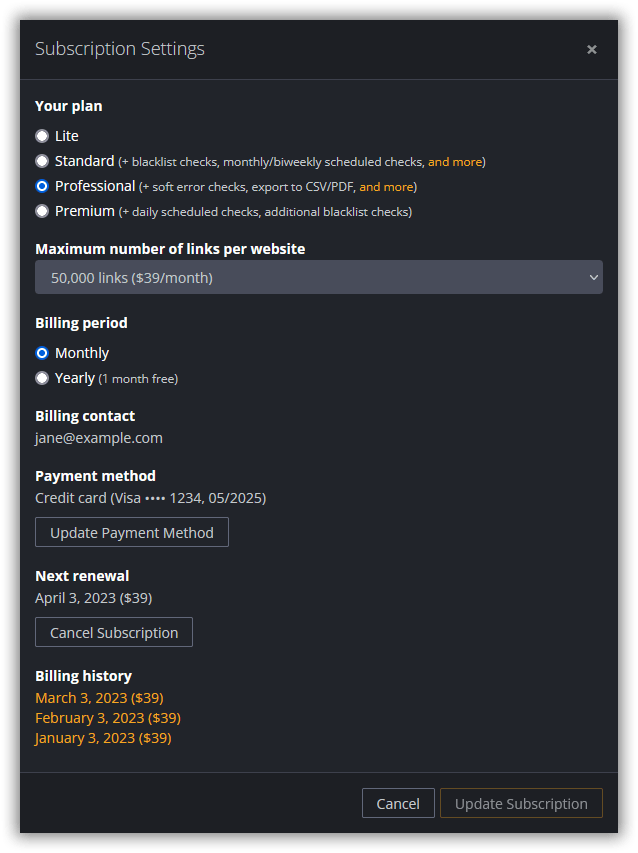 Subscription Settings